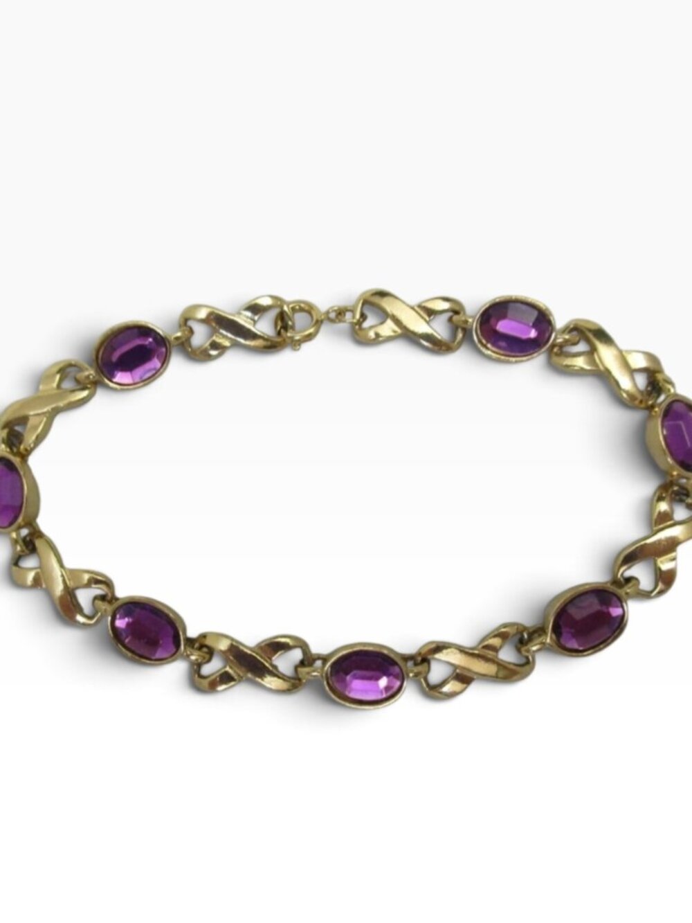Gold-Tone Avon Bracelet With Purple Faux Gemstones & Infinity Links 8 Inches